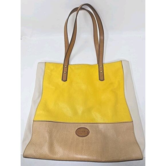 Fossil Zoey Yellow Beige Brown Leather Shopper Shoulder Hand Bag Purse U299 - Picture 1 of 10